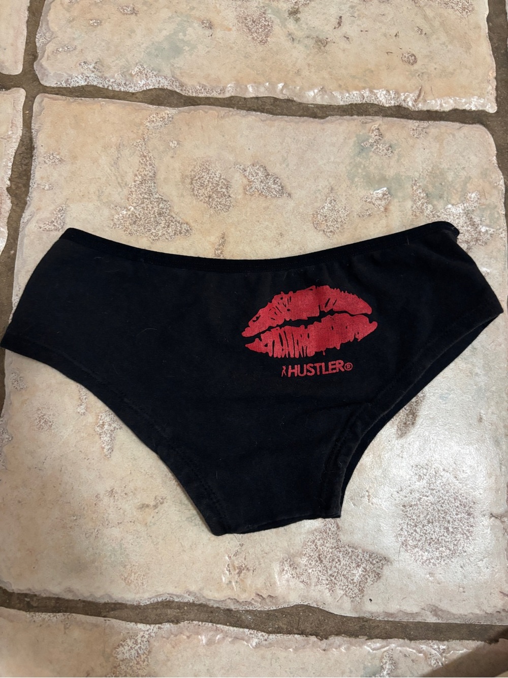 Y2K vintage Hustler Black Bikini Briefs panty with Red kiss Lips Graphic small